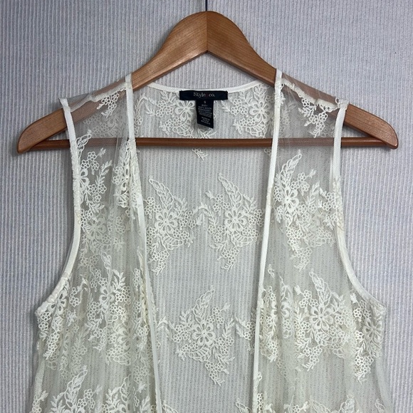 Style & Co Lace Mesh Embroidered Duster Cardigan Cream Size SMALL Coverup Boho - Picture 2 of 8